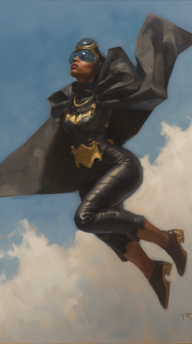 Beautiful woman in black dress floating in the sky