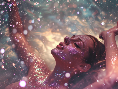 Woman covered in glitter floating in space