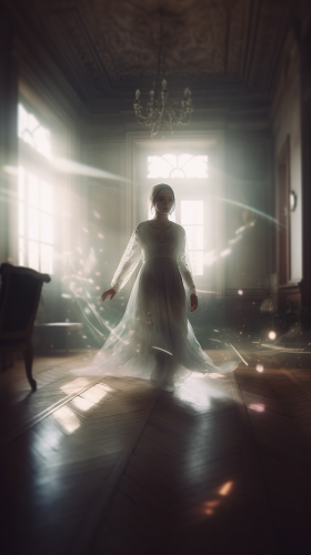 Translucent ghost of a young lady floating in a room