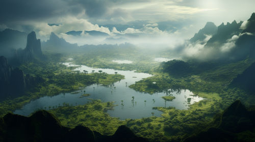 Hyperrealistic floating islands landscape with valley.