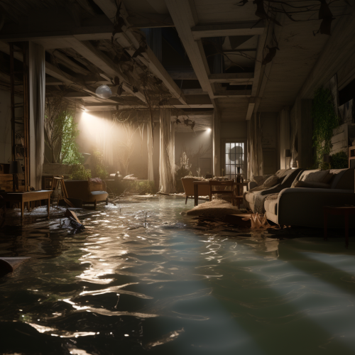 Flooded life-size house with artificial lighting Flooded life-size house with artificial lighting