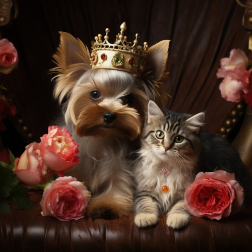 Cute Yorkshire Terrier and Persian Kitten With Flower Crowns Cute Yorkshire Terrier and Persian Kitten With Flower Crowns