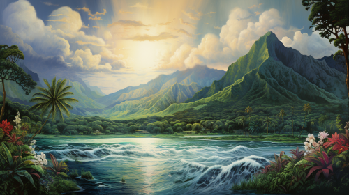 Lush Hawaiian valley with flowing spirit and ethereal beauty