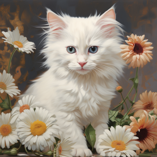 Beautiful Flower Portrait with White Kitten