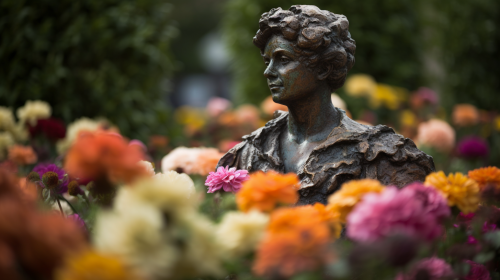 Colorful flower statue surrounded by nature