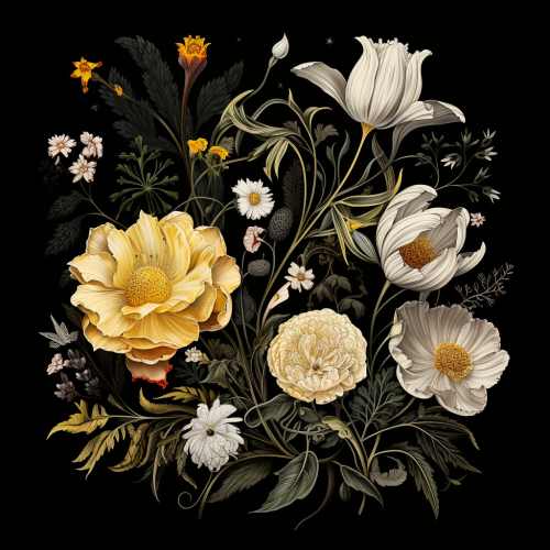 Ink Drawing of Flower Tendrils and Flowers