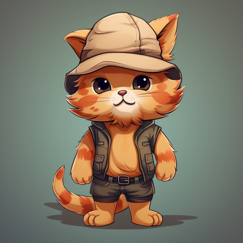 Cartoon fluffy orange cat with hat and shirt