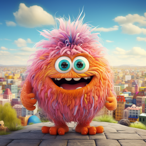 Cute monster with big eyes biting into a ribbon