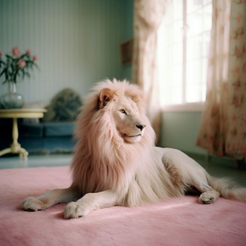 Adorable fluffy pink lion in pastel room