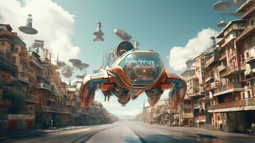 Flying car in cityscape Flying car in cityscape