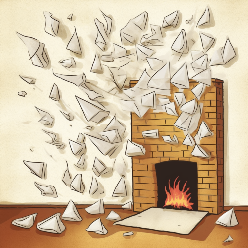 Cartoon-style envelopes flying from unlit fireplace
