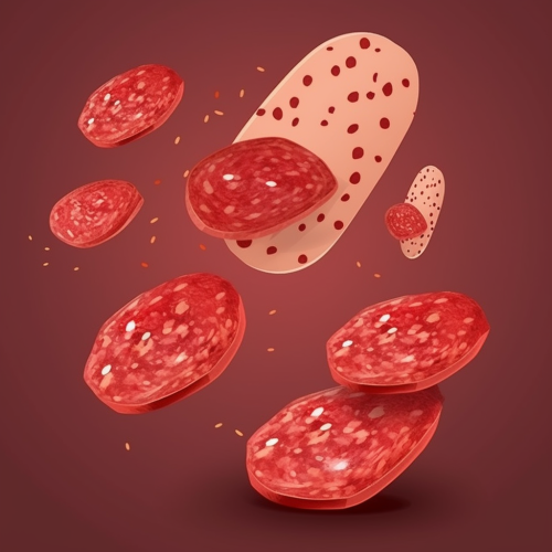 Salami slices flying through the air Salami slices flying through the air