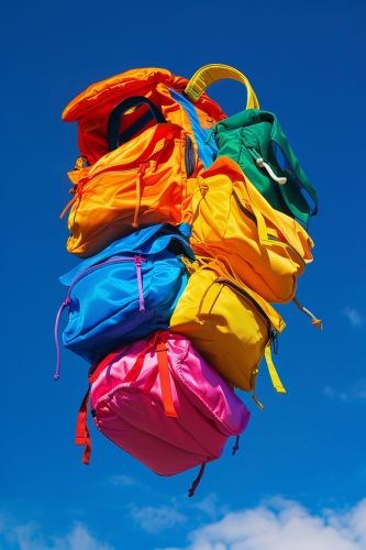 Colorful flying turning backpack sky