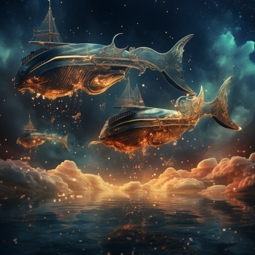 Whales flying in night sky