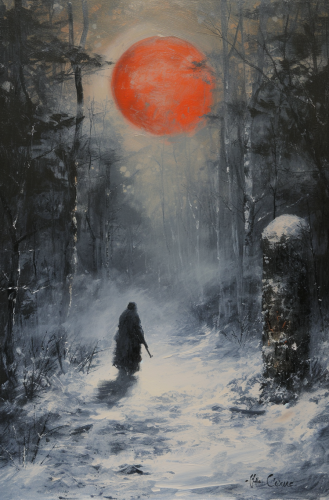 Foggy priest with shotgun in Norse totem forest