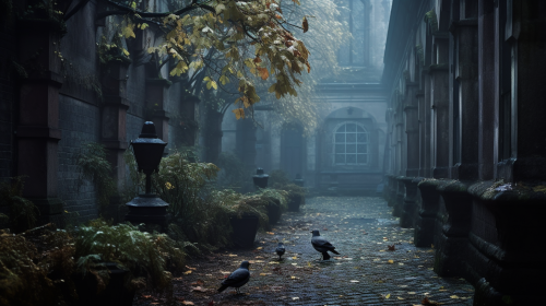 Misty and Spooky Pigeon Monastery Courtyard