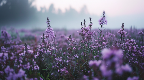 Foggy purple flowers in a field