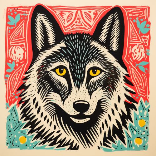 Folk Art Wolf Linocut Print Folk Art Wolf Linocut Print