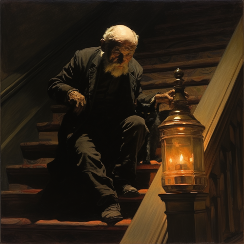 Black cat on stairs with fallen clergyman