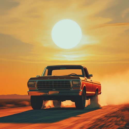 Ford vehicle on desert road with sun