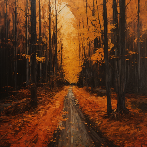 Autumn forest road with orange and black trees
