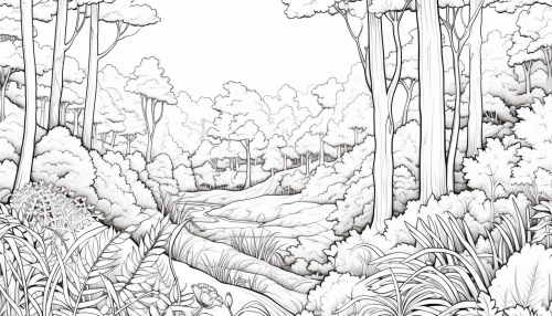 Thick line drawing of a forest with herbs
