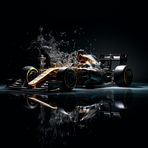 Formula 1 car driving through pouring liquid