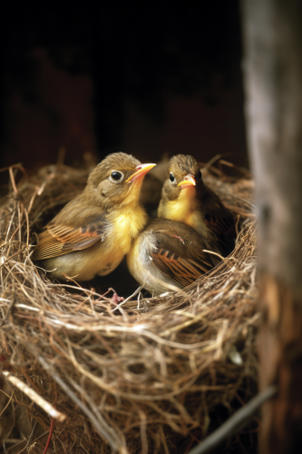 Four birds chirping in a nest