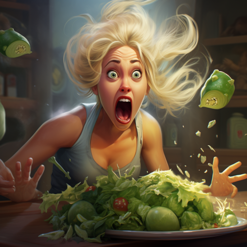 Woman eating green salad with anthropomorphic fruit