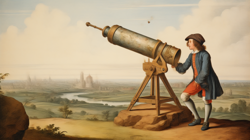 French fairytale young builder looks through telescope