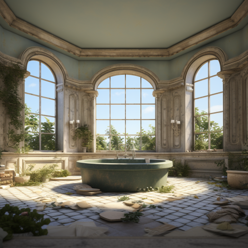 French-style room with round window and lush plants