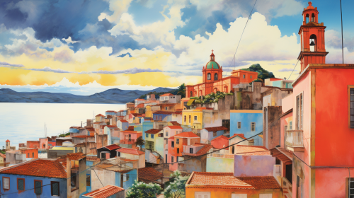 Watercolor painting of colorful Pelourinho, Salvador