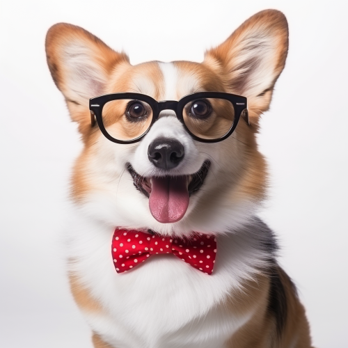 Corgi dog with reading glasses and red tie