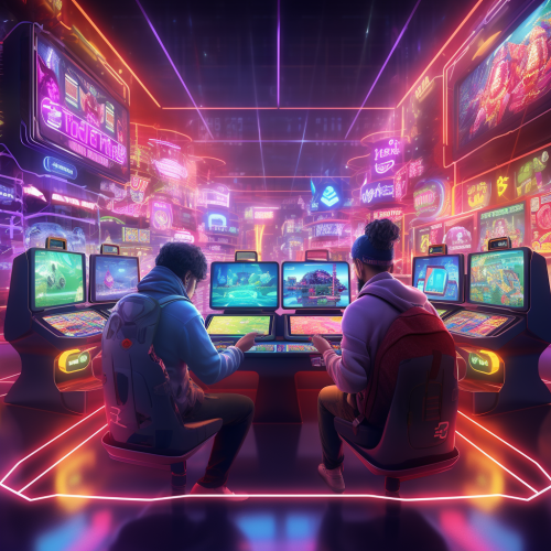 Friends playing game together in neon store