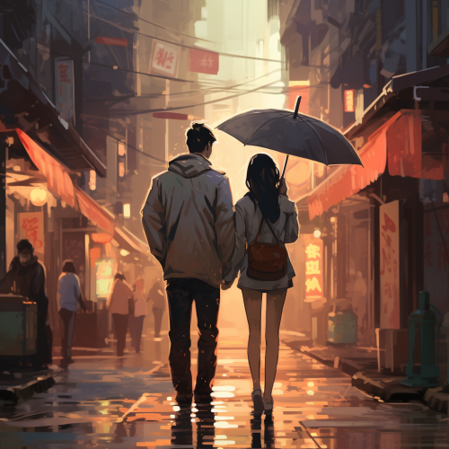 Two friends standing in rain on Asian street