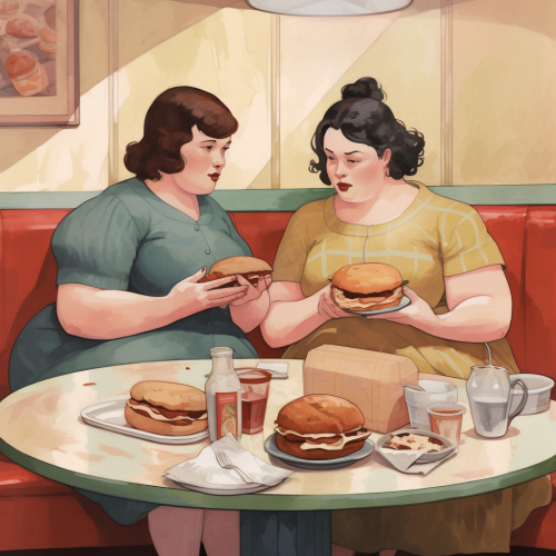 Two friends sharing stories and sandwiches in a diner Two friends sharing stories and sandwiches in a diner