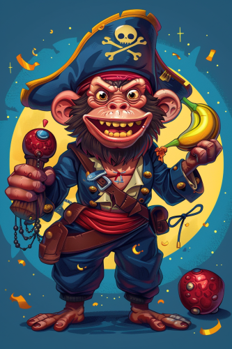 Funny pirate monkey with banana and bomb