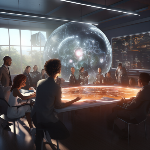 Futuristic Adult Learning Classroom with Trainer and AI Futuristic Adult Learning Classroom with Trainer and AI