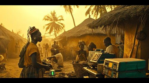 Futuristic African Village with Teenagers and Electronic Cars