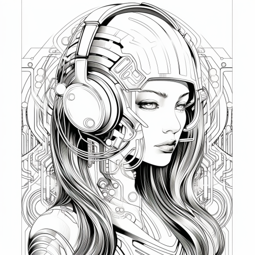 Coloring page of futuristic woman with headphones