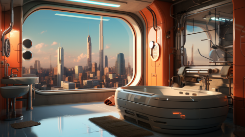 Futuristic bathroom with sunrays and cyberpunk city view