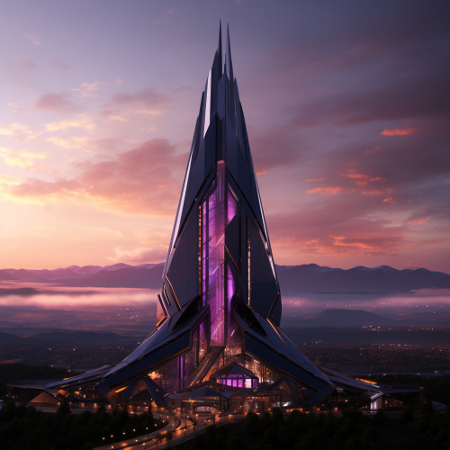 Futuristic Black Glass Building with Purple Eye