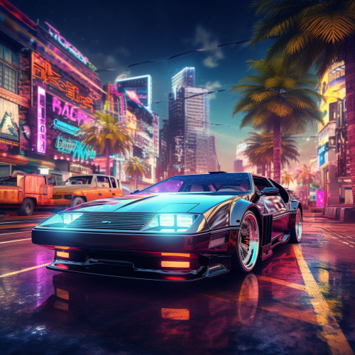 80s car parked in futuristic city 80s car parked in futuristic city