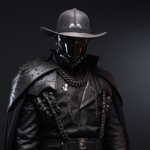 Futuristic black armored military cowboy with hat