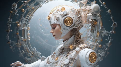 Astronaut with shamanic tambourine in futuristic data center