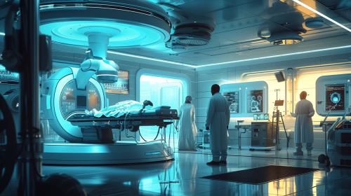 Futuristic healthcare facility with robot surgeries