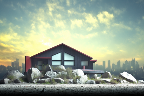 Futuristic house on grassy hill amid post-apocalyptic wasteland