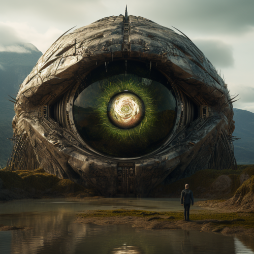 Futuristic landscape with huge eyes and cinematic lighting