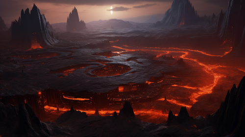 Futuristic military base surrounded by lava rivers