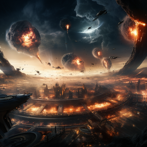 Futuristic dogfight battle on Saturn rings with explosions Futuristic dogfight battle on Saturn rings with explosions